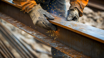 Worker Using Angle Grinder on Steel Beam