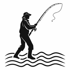 Silhouette Fisherman Wading With Fishing Rod In Water Simple Vector Illustration