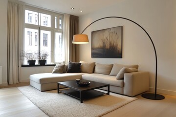 Fototapeta premium Modern living room interior design showcasing neutral tones.
