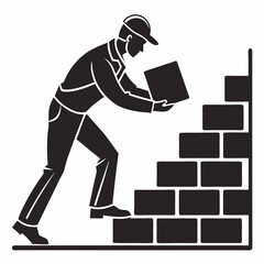 Silhouette Builder Worker Laying Bricks On A Wall Construction Site