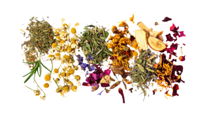 A scattered assortment of rant dried herbs and botanicals on a clean white background