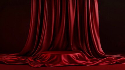 Luxurious red silk curtain draped over stage podium with elegant folds and dramatic lighting
