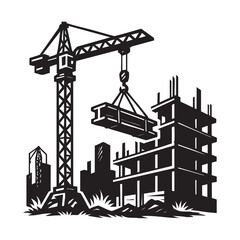  Crane lifting steel beams on building site vector illustration