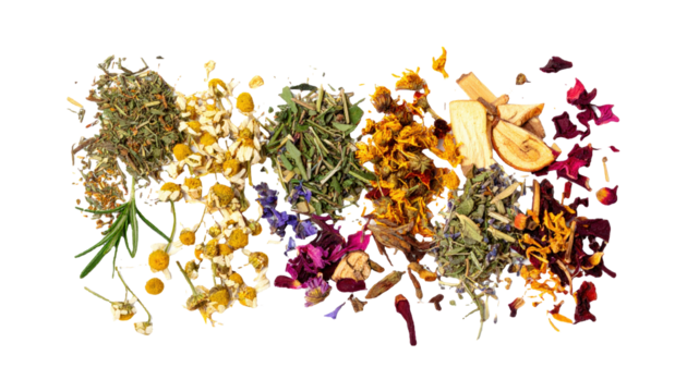 A scattered assortment of rant dried herbs and botanicals on a clean white background
