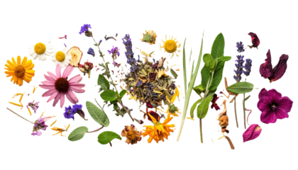 A scattered assortment of rant dried herbs and botanicals on a clean white background