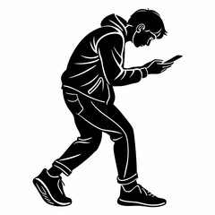 Vector Illustration Of A Boy Looking At His Phone While Walking
