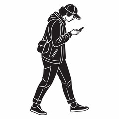 Man Walking With Phone Line Art Illustration Vector Minimalist Design