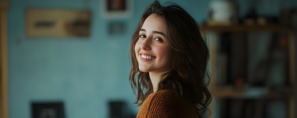 Happy young woman looking away with a smile while standing in a studio , exuding modern sophistication