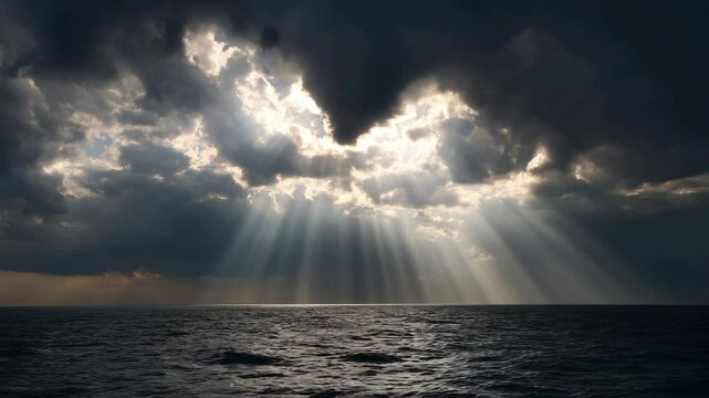 Dramatic sun rays breaking through dark storm clouds over open ocean horizon showcasing hope and power of nature.