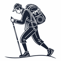 Obraz premium Hiker Silhouette With Backpack Trekking Stick Outdoor Adventure Vector Illustration