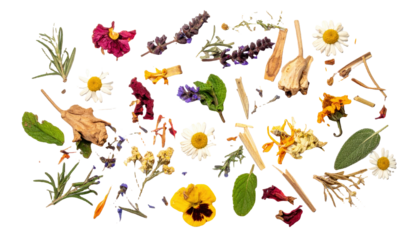 A scattered assortment of rant dried herbs and botanicals on a clean white background