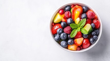 A colorful assortment of fresh mixed berries in a white bowl, vibrant fruits including strawberries, blueberries, and raspberries, and close-up view on a light background.