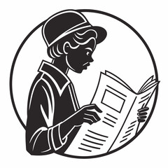 Elegant Man Reading Newspaper Minimalist Black And White Vector Illustration