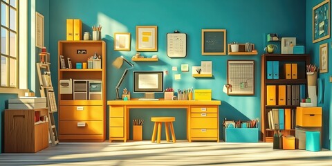 Bright and Organized Workspace in a Teal Room.