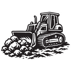 Naklejka premium Bulldozer pushing rocks on rugged terrain vector illustration