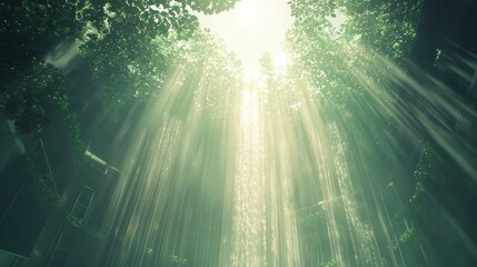 Sunlight streams through rainforest canopy into a hidden grotto.
