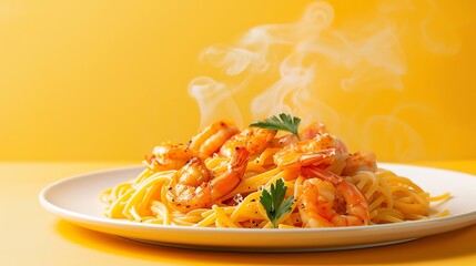 A stunning, photorealistic seafood pasta with juicy shrimps, elegantly plated on a minimalist plate. Vibrant yellow backdrop enhances contrast, while soft lighting highlights the glossy sauce 