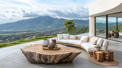 Modern outdoor patio with panoramic mountain view, featuring a large, natural wooden coffee table, curved sectional sofa, and decorative planters