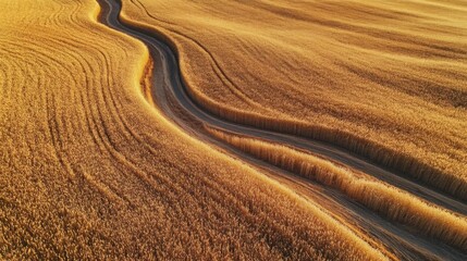 Naklejka premium Cinematic 8K aerial panorama of golden wheat fields at golden hour, gentle wind waves in the crops, blue sky and peaceful countryside atmosphere