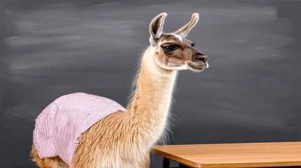 Fototapeta premium Cute Alpaca in Pink Sweater Classroom Background Adorable Animal Portrait