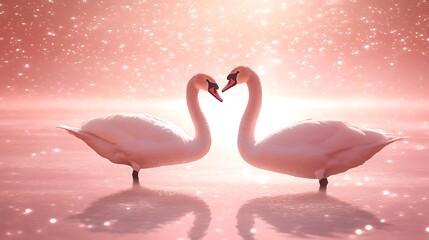 Naklejka premium Romantic swans forming heart shape against soft pink background