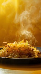 Crispy, golden hash browns perfectly plated with steam rising, against a bold yellow background. Photorealistic food photography highlighting texture and contrast