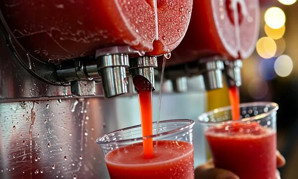 Red slushy drinks being poured from a machine into clear plastic cups, close-up shot with blurred lights