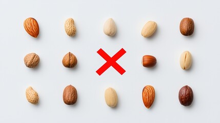 A variety of nuts arranged in rows with a red "X" in the center, indicating nuts are not allowed or nut allergy warning.