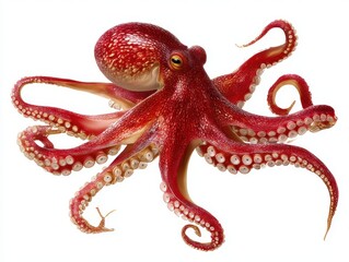 Red octopus with tentacles isolated on white background