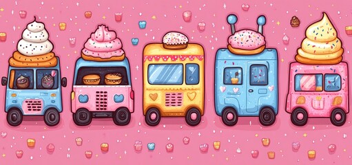 Naklejka premium Sweet Treats on Wheels: A Delightful Parade of Dessert Trucks