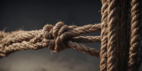 Severed rope, ragged fibers, showing extreme wear and tear,  breaking point,  end