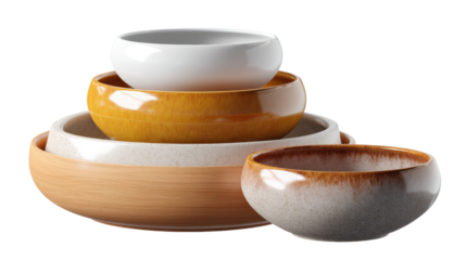 Stackable Bowl Collection: A set of stylish ceramic bowls, showcasing diverse hues of white, yellow, brown, and tan. These bowls are a versatile addition to any kitchen.