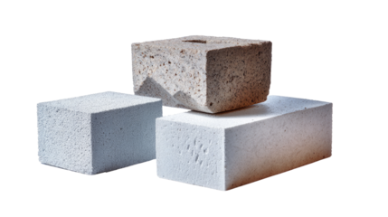 Brickwork Variety: A studio shot of meticulously crafted rectangular and square blocks of raw brick, exhibiting textures and tones, suitable for construction applications and design concepts.