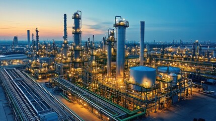 Illuminated Petrochemical Refinery at Dusk: A Complex Industrial Landscape