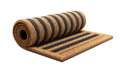 Rolled Coir Doormat with Stripes: A stylish coir doormat, rolled for easy storage and transport, features elegant black stripes against a natural brown background.