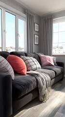 Fototapeta premium Modern Living Room Interior Design Mockup Cozy Sofa Blank Wall Natural Light