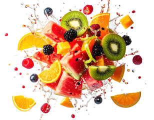 A highenergy abstract composition of exploding fruits against a crisp white background 
