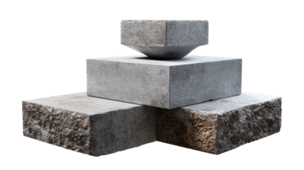 Stone Cubes Composition: An abstract composition of gray stone cubes of varying sizes, showcasing the raw texture and geometric interplay of natural materials and creating a minimalist aesthetic.
