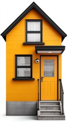 Naklejka premium Cute Yellow House Exterior Small Home Front Door Windows Steps Residential Building
