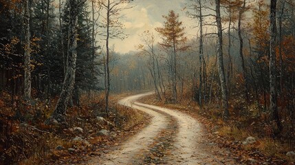 Fototapeta premium Autumnal Forest Path. A winding dirt road meanders through a serene autumnal forest. The trees are adorned with a palette of warm autumnal colors, from russet to amber and gold. 