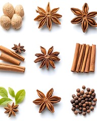 Obraz premium Aromatic spices nutmeg, star anise, cinnamon, allspice, and bay leaves, displayed individually on a white background
