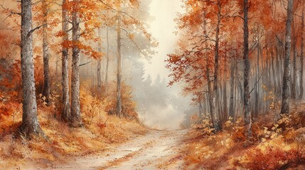 Obraz premium Autumnal forest path in a misty morning. A picturesque woodland scene with vibrant fall foliage, a dirt road leading through tall pine trees, bathed in a soft, ethereal light. 