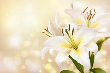 Fototapeta premium Close-up view of three delicate white lilies in soft focus.