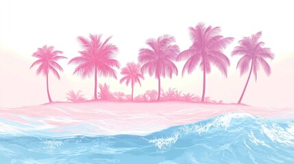 Pastel pink and blue tropical island with palm trees and ocean waves.