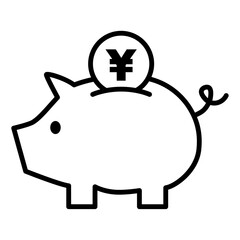 お金を貯める、かわいい豚の貯金箱の線画アイコン