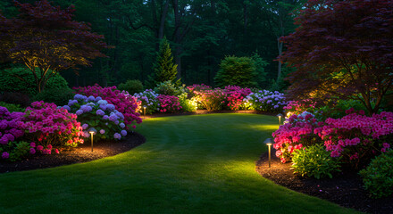 Night-lit Garden Path: Blooming Flowers and Serene Ambiance