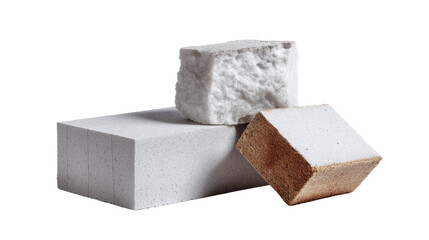 Stone Blocks Display: A minimalist composition showcases three differently shaped stone blocks, highlighting their raw textures and subtle color variations, and conveying the core of construction