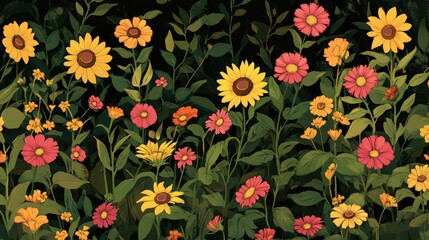 Tall sunflowers and low-growing zinnias together in a cheerful layered garden