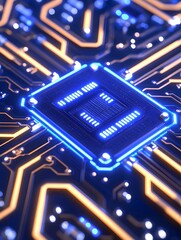 Glowing blue processor chip on a circuit board with orange traces