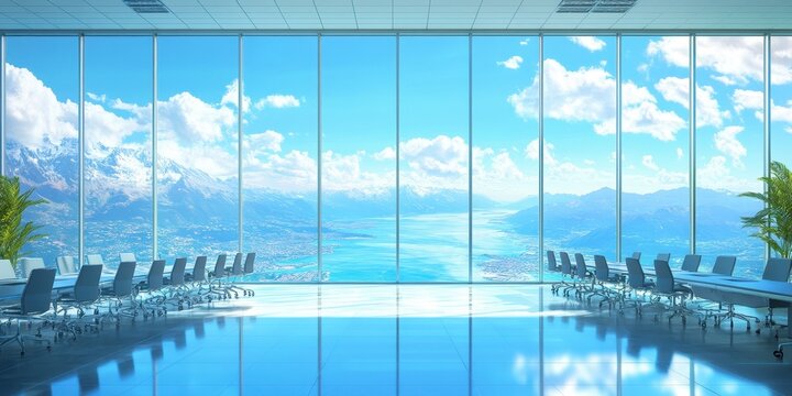 Panoramic conference room with mountain views.